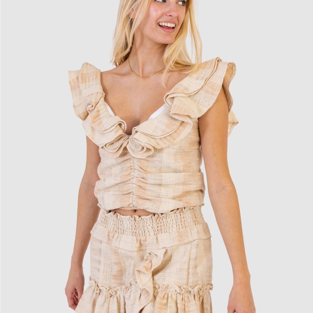 Koch Mariah Top Sea Salt Shimmer Metallic Whimsical Zip Back Ruffle Straps Sz M